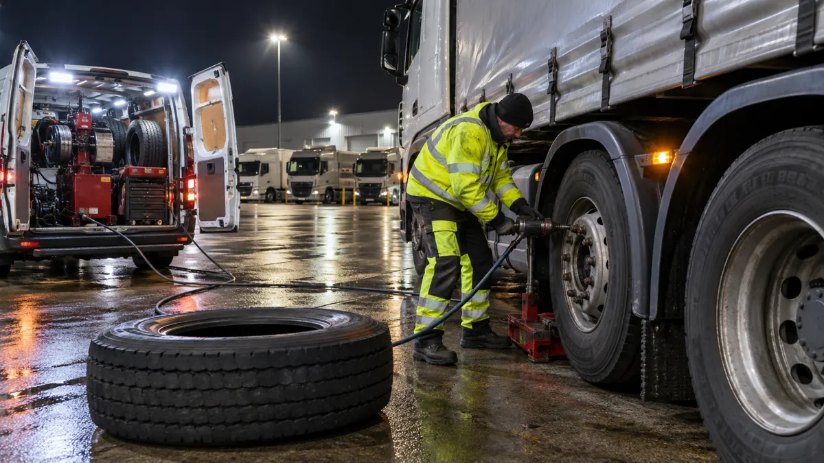 Tyre technician working beside an HGV after dark