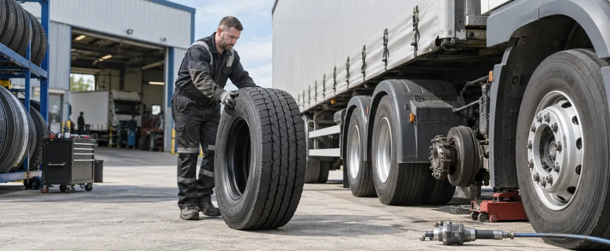 Heavy commercial tyre being moved to a lorry in a depot