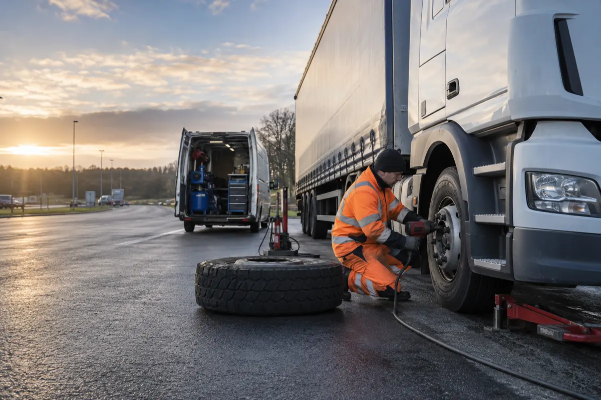 Mobile tyre equipment and a parked commercial vehicle