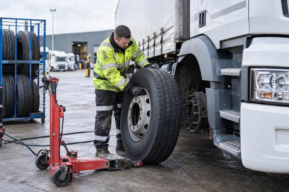 Technician positioning a heavy goods vehicle wheel