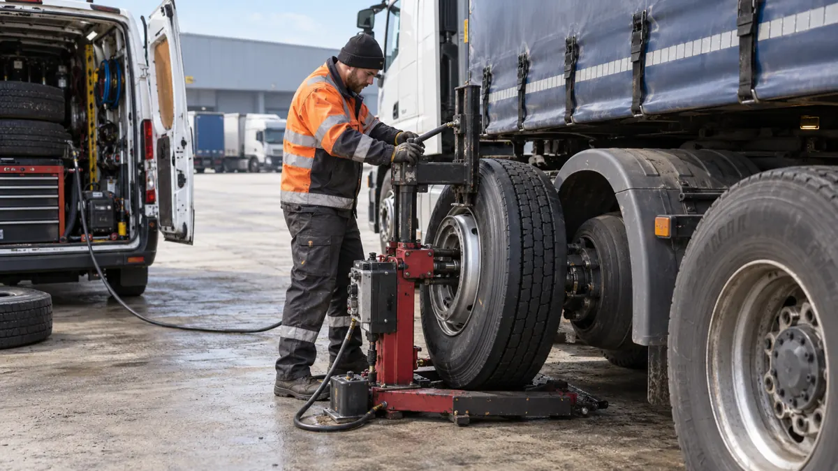 Mobile fitter handling a lorry wheel at a freight depot